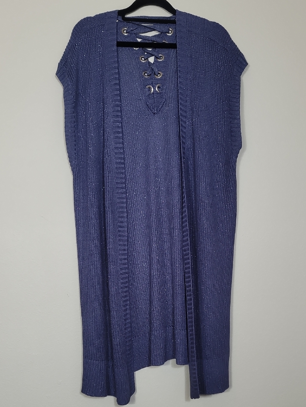 Chicos Knit Longline Cardigan Duster Size 2 Large Navy Cross Back Detail